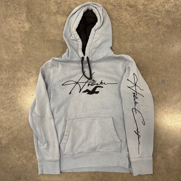 Vintage Y2K Hollister Big Bird Script Logo Baby Blue Navy Hoodie Sweatshirt XS - Picture 1 of 5